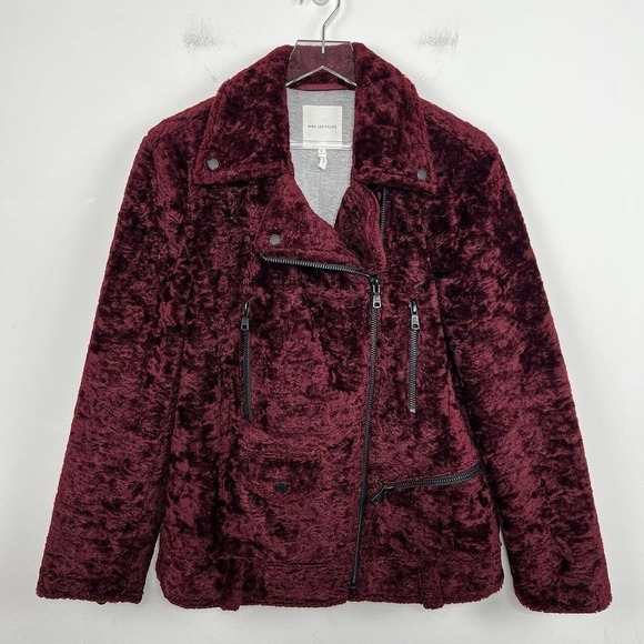 Avec Les Filles Faux Fur Moto Jacket Small Burgundy Full Zip Cozy Winter - Picture 1 of 11